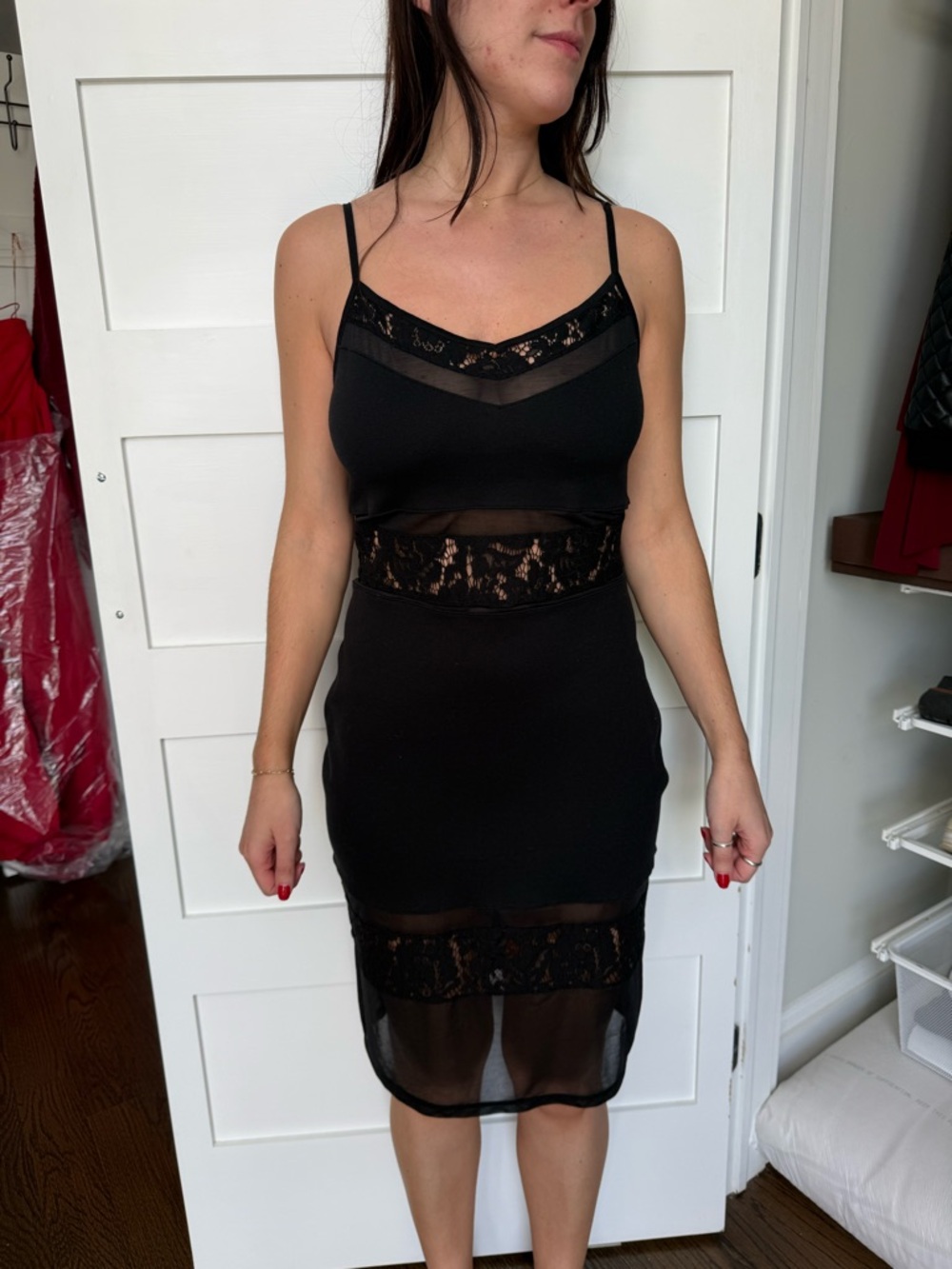 French Connection Black Lace-Trim Bodycon Dress with Gold Zip